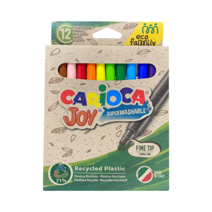 Marcadores Carioca Joy Eco Family, punta fina, plástico reciclado, ultra lavables, 12 piezas.