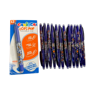 Set de 12 bolígrafos borrables Carioca OOPS POP azul, punta 0.7 mm. Doble goma y recambios compatibles.