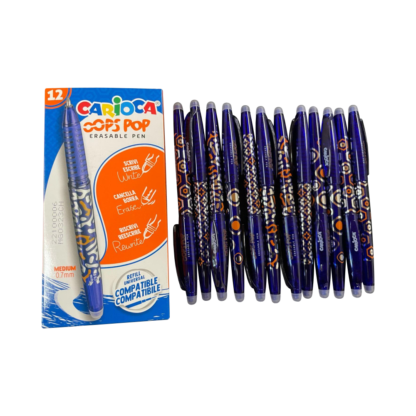 Set de 12 bolígrafos borrables Carioca OOPS POP azul, punta 0.7 mm. Doble goma y recambios compatibles.
