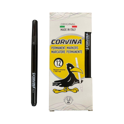 Pack de 12 marcadores permanentes Corvina, tinta negra. Perfectos para cualquier superficie.